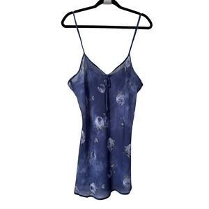 Silk & Satin Blue Floral Chiffon Sheer Chemise Nightgown V-Neck Slip Dress 90s